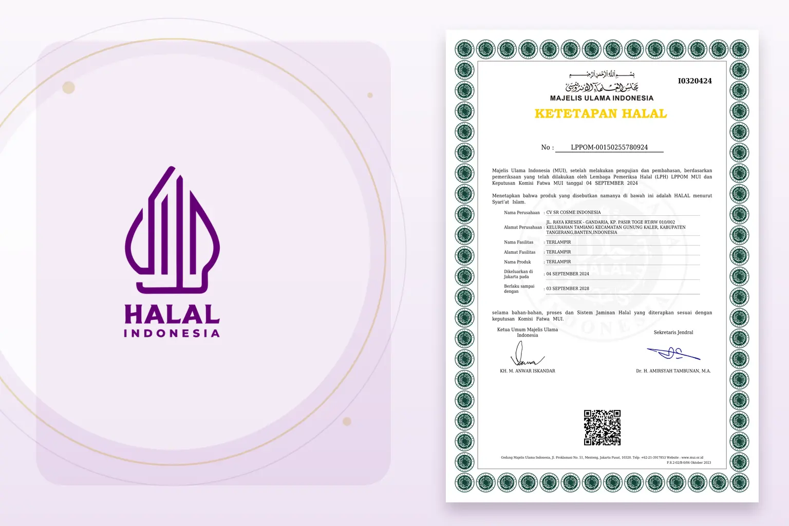 Sertifikat halal dan Logo Halal Indonesia SR Cosme Indonesia