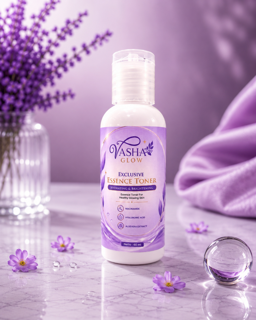 Vasha Glow Exclusive Essence Toner dengan kemasan botol 60 ml warna ungu premium