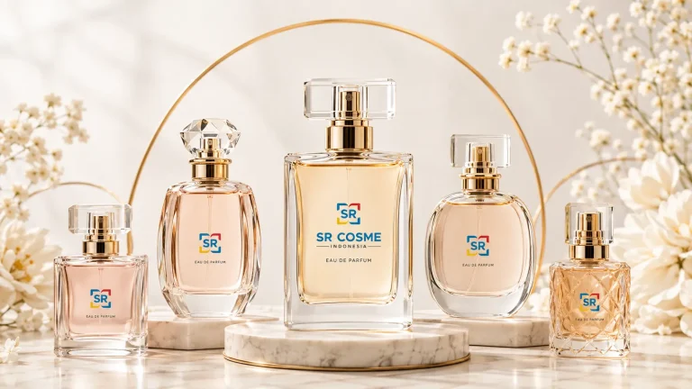 Koleksi botol parfum premium berlogo SR Cosme Indonesia untuk layanan maklon parfum