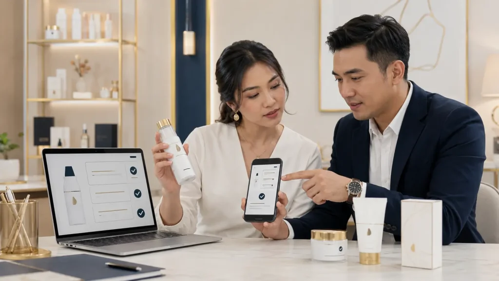 Founder brand kosmetik memeriksa nomor notifikasi produk bersama konsultan maklon SR Cosme Indonesia