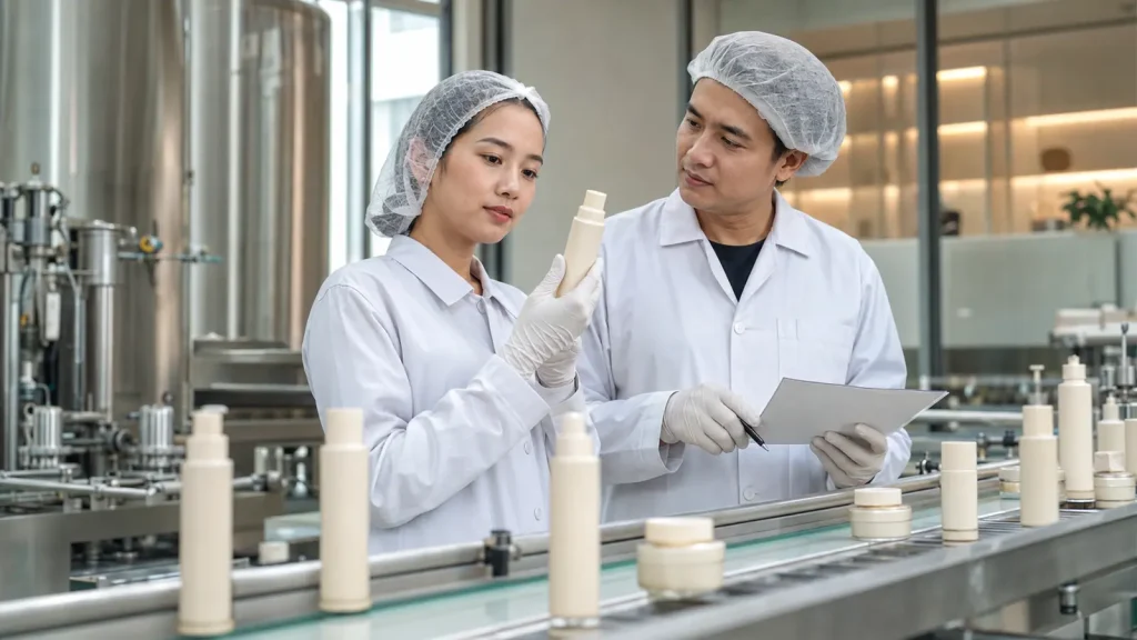 Pemeriksaan kualitas produk kosmetik pada lini produksi sebelum siap dipasarkan