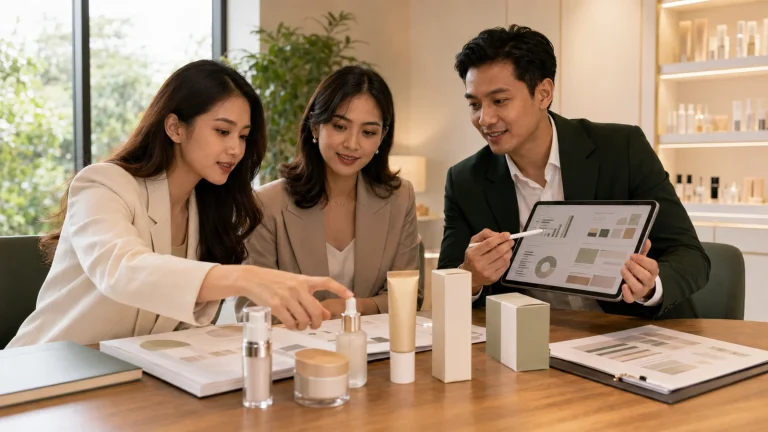 Founder brand kosmetik berdiskusi dengan konsultan maklon untuk menyusun anggaran produk dan memilih kemasan