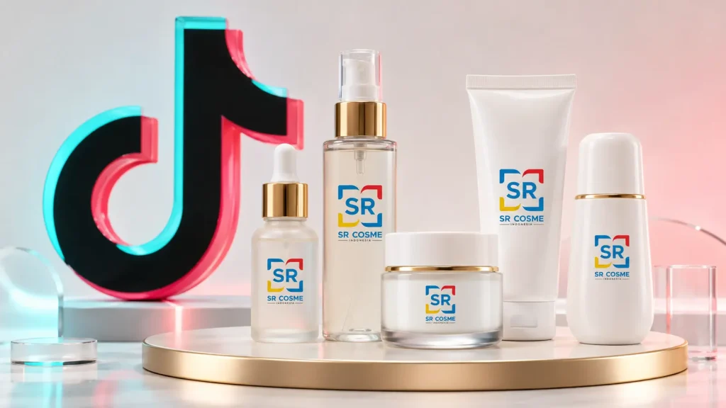 Koleksi produk skincare SR Cosme Indonesia dengan simbol TikTok untuk artikel tren kosmetik viral
