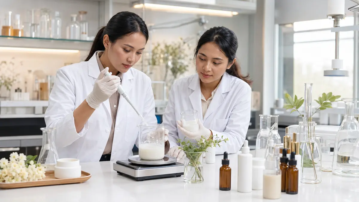 Tim R&D melakukan riset dan formulasi produk skincare di laboratorium kosmetik