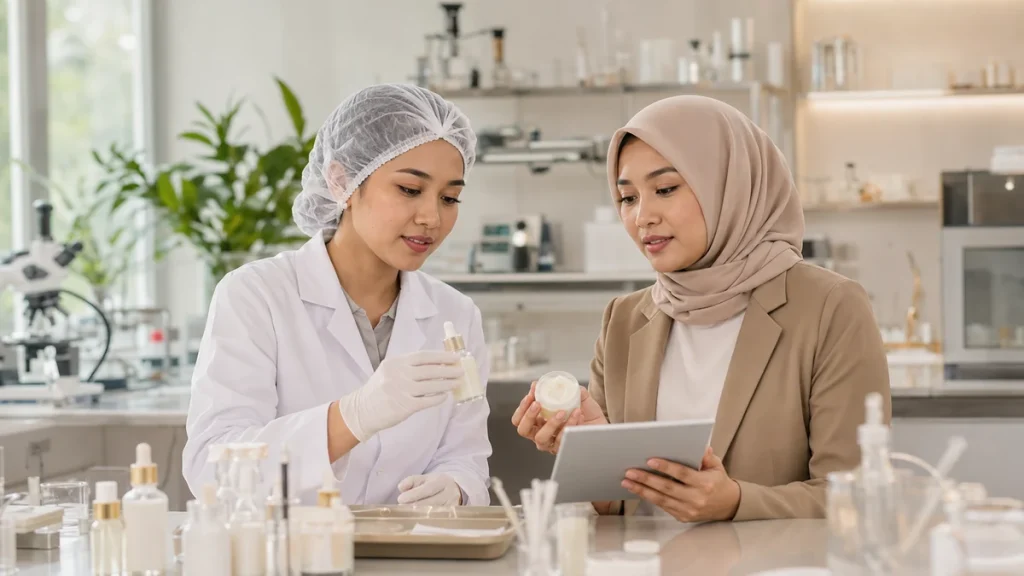 Founder dan formulator mengevaluasi sampel formula kosmetik sebelum proses produksi