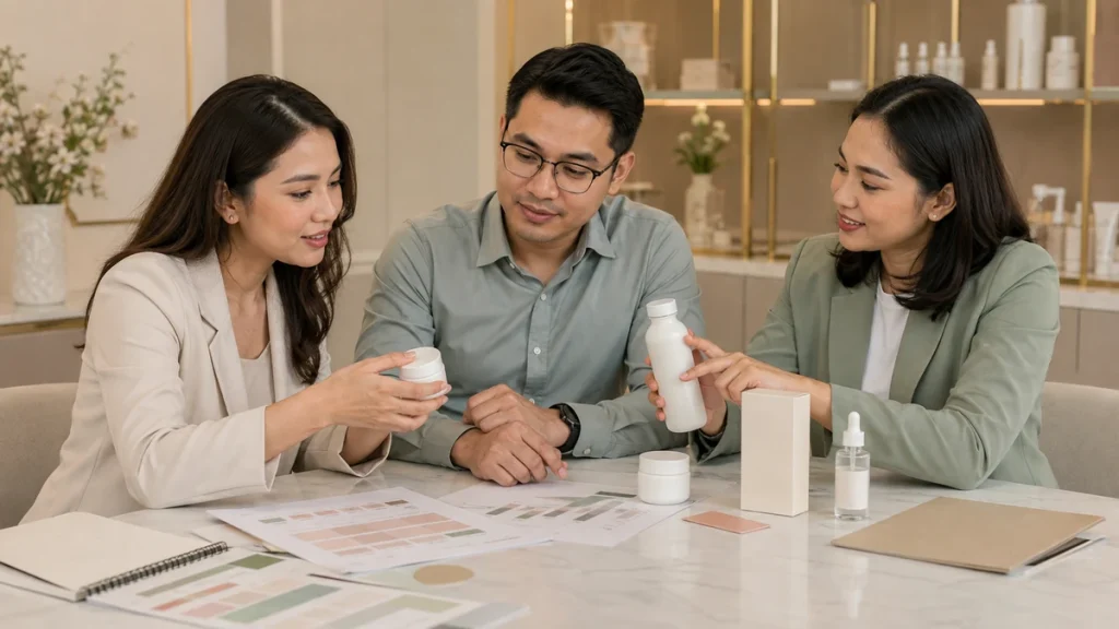 Founder brand kosmetik bersama konsultan maklon meninjau formula, kemasan, label, dan dokumen perencanaan biaya