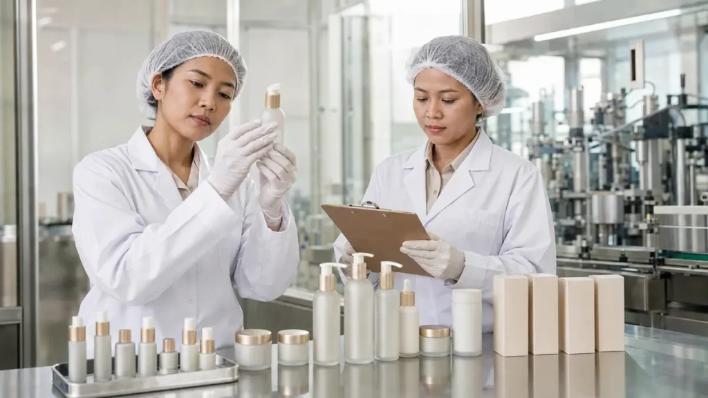 Pemeriksaan quality control produk kosmetik jadi dan kemasan sebelum pelulusan batch
