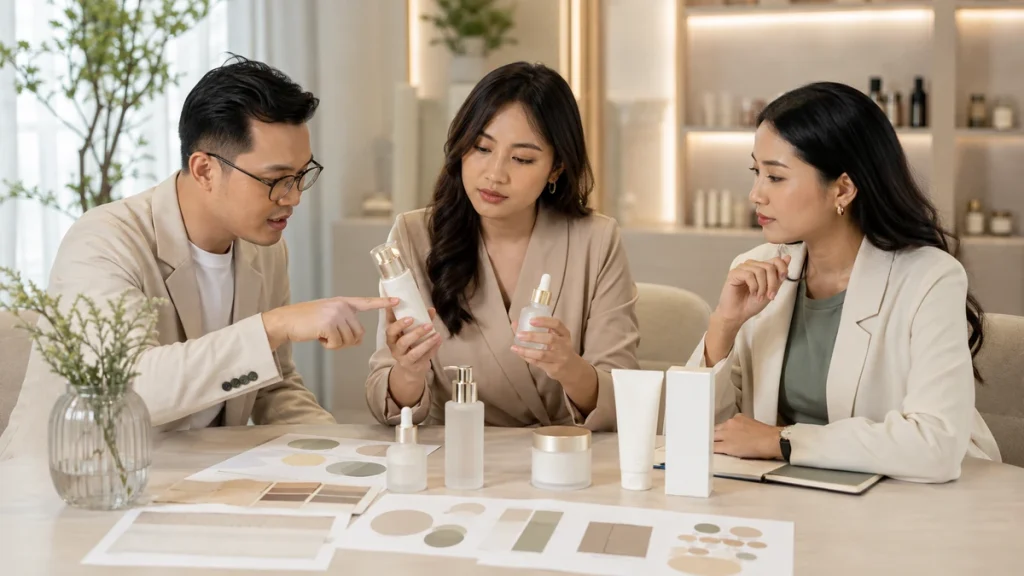 Founder brand kosmetik bersama konsultan maklon membandingkan pilihan kemasan dan spesifikasi produk berdasarkan prioritas anggaran